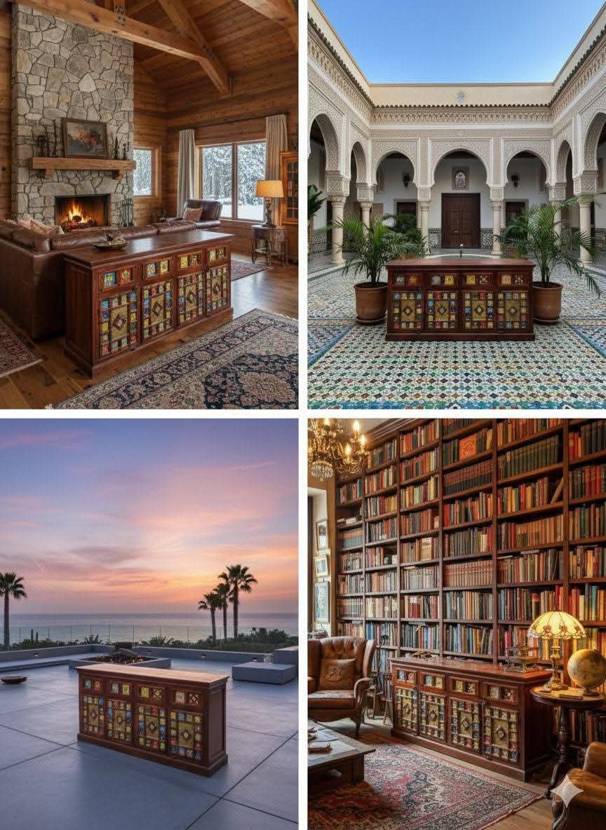 Handcrafted Rajasthani Wooden Sideboard with Colorful Tile Work - Image 5