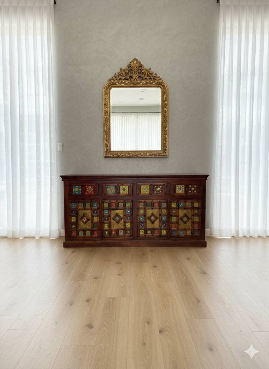 Handcrafted Rajasthani Wooden Sideboard with Colorful Tile Work - Image 3