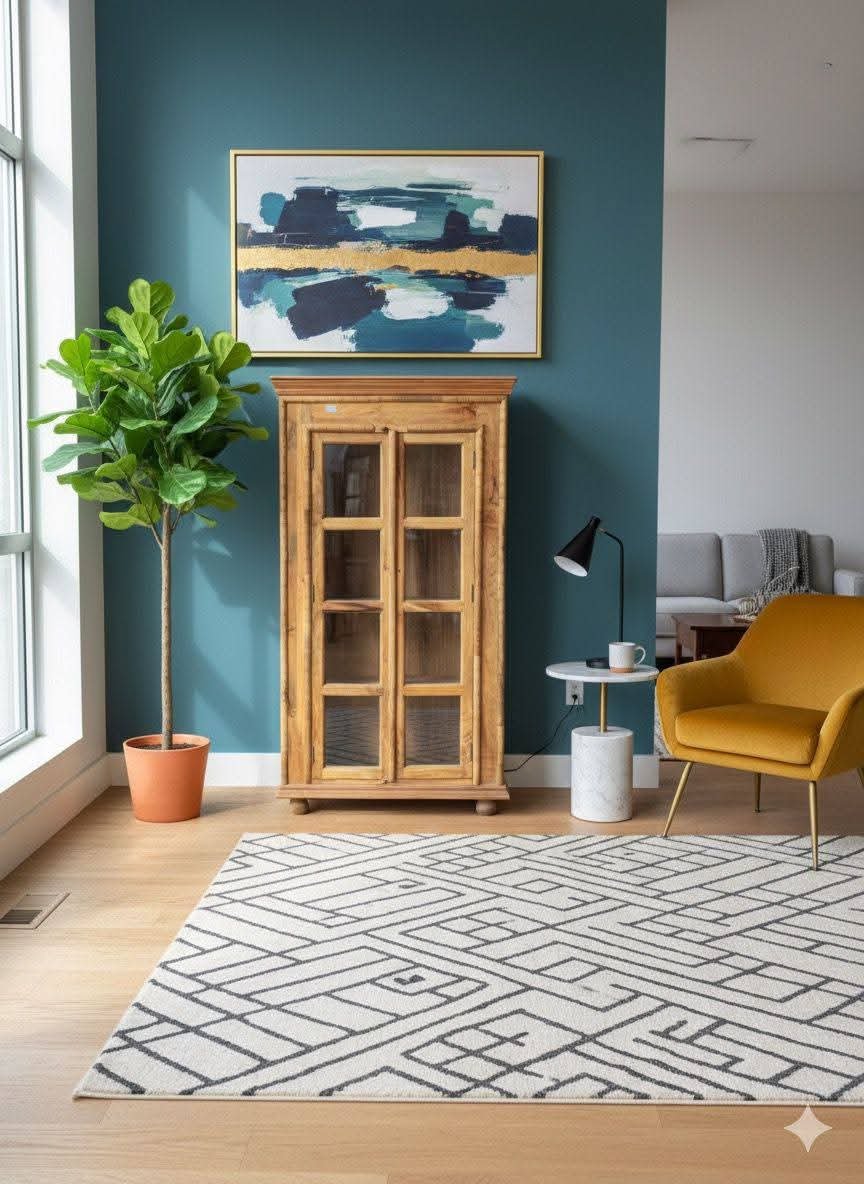 Handcrafted Solid Wood Glass Almirah - Image 3