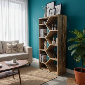 Architectural Mango Wood Geometric Bookshelf
