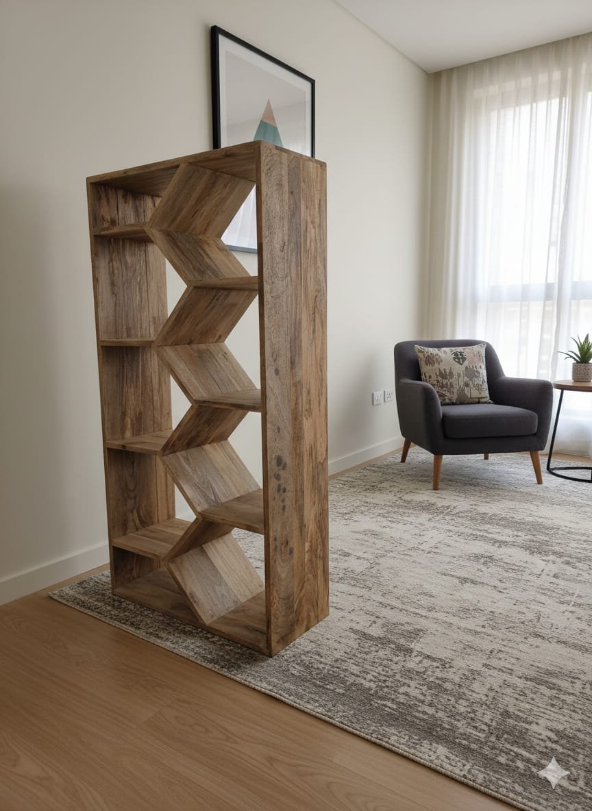 Architectural Mango Wood Geometric Bookshelf - Image 3