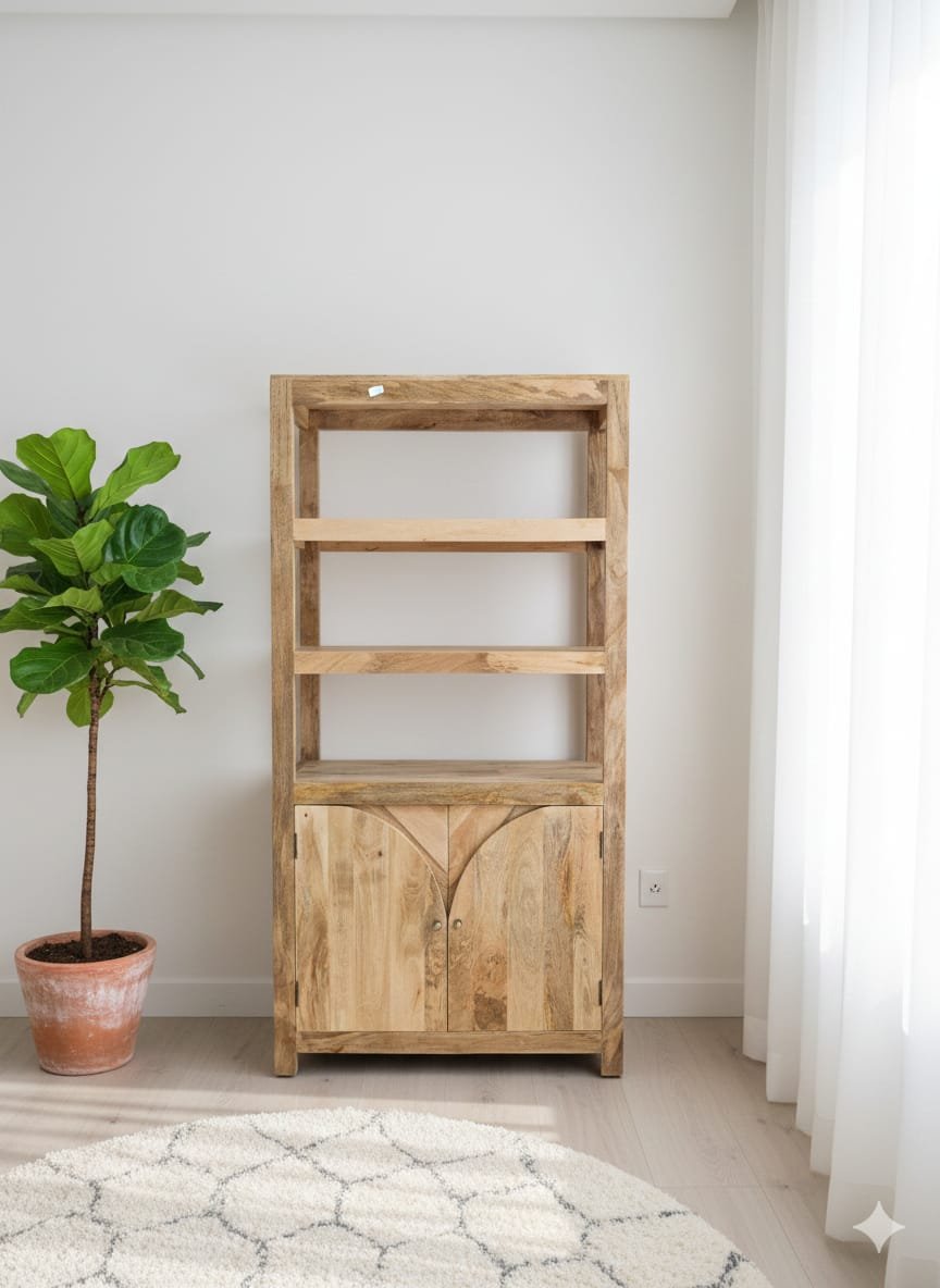 Handcrafted Mango Wood Bookshelf with Arched Cabinet - Image 2
