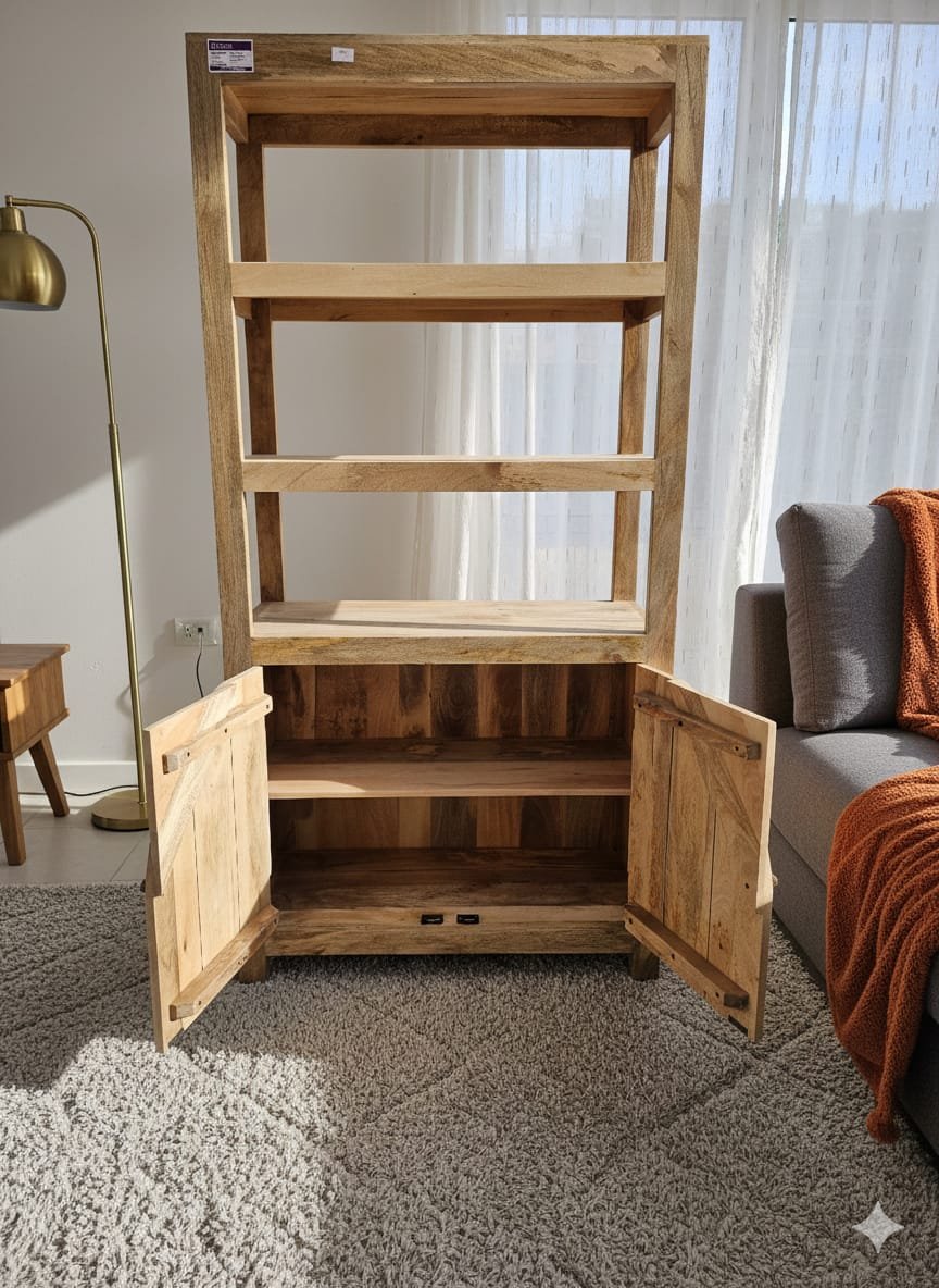 Handcrafted Mango Wood Bookshelf with Arched Cabinet - Image 4