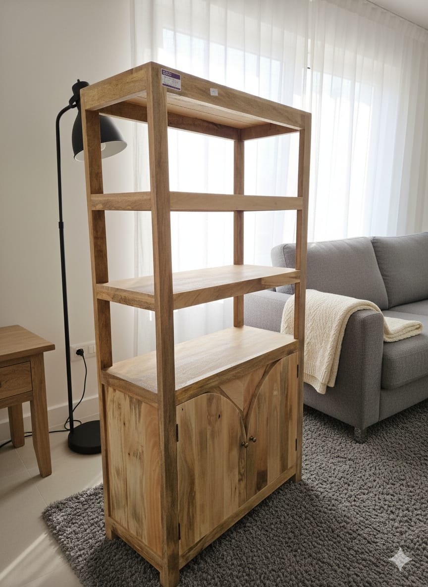 Handcrafted Mango Wood Bookshelf with Arched Cabinet - Image 5