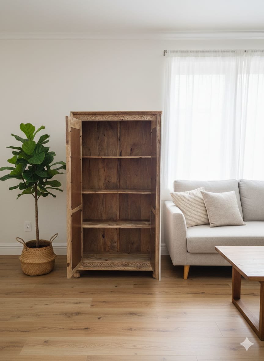 The Bohemian Archway Wardrobe | Hand-Carved Wood & Rattan Armoire - Image 3
