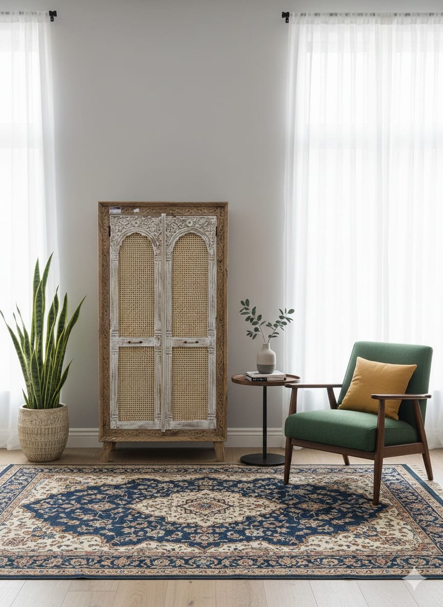 The Bohemian Archway Wardrobe | Hand-Carved Wood & Rattan Armoire - Image 5