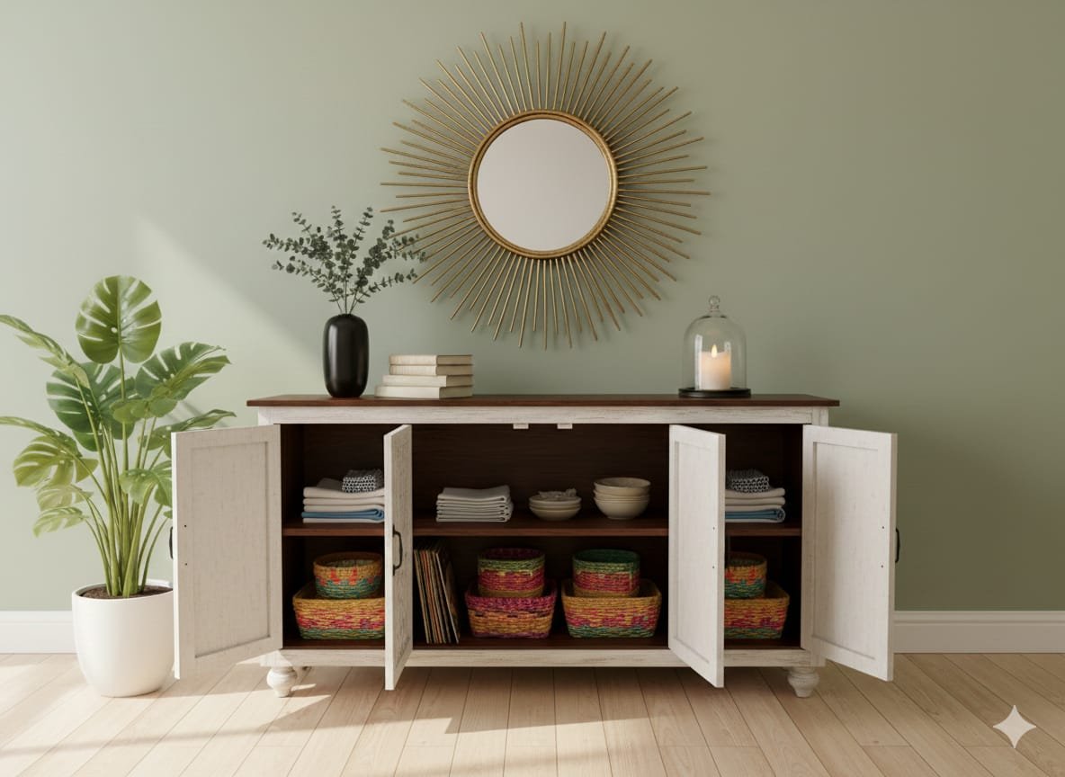 Hand-Carved Peacock Medallion Sideboard - Image 3