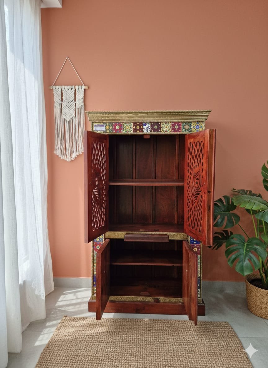 Exquisite Hand-Painted Peacock Jali Wood Mandir (180cm) - Image 5