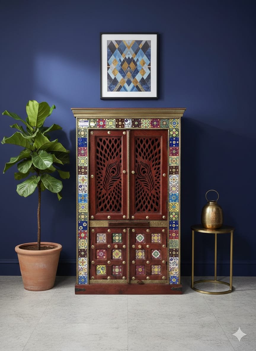 Exquisite Hand-Painted Peacock Jali Wood Mandir (180cm) - Image 3