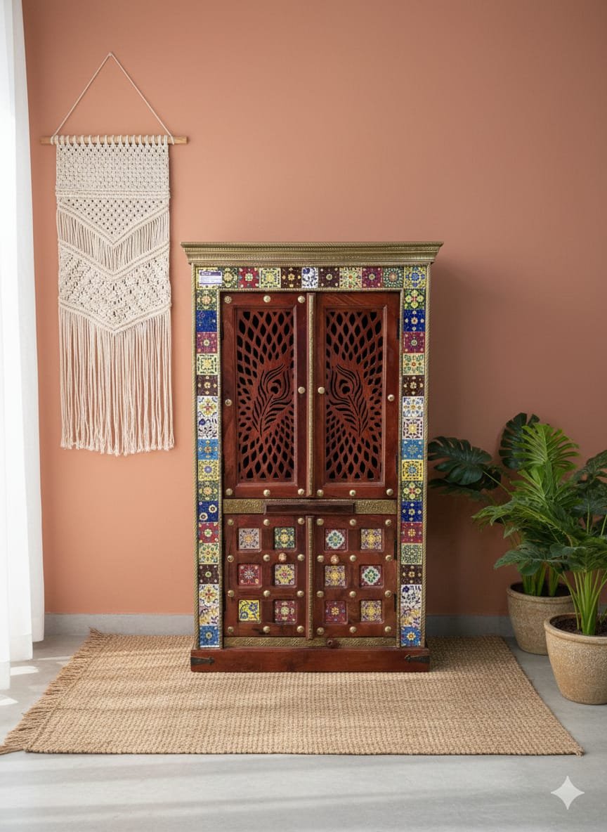 Exquisite Hand-Painted Peacock Jali Wood Mandir (180cm)