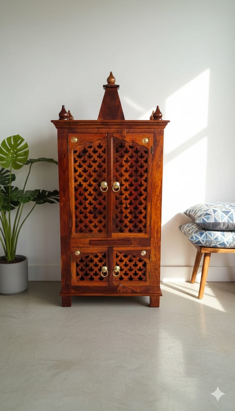 Handcrafted Sheesham Wood Puja Mandir – Traditional Jali Design - Image 5