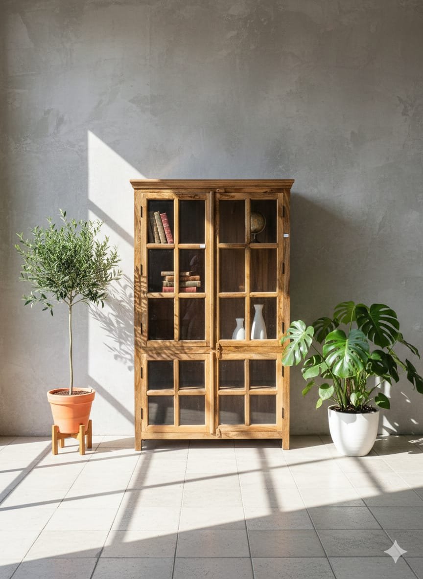 Solid Wood Glass Display Cabinet with Open Shelving - Image 2
