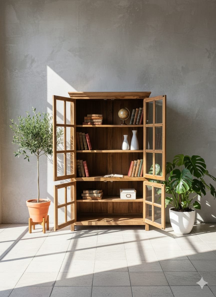 Solid Wood Glass Display Cabinet with Open Shelving - Image 3