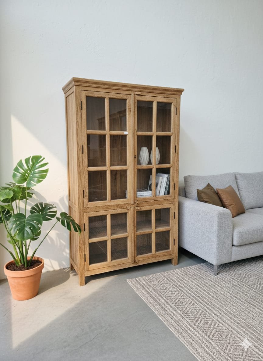 Solid Wood Glass Display Cabinet with Open Shelving