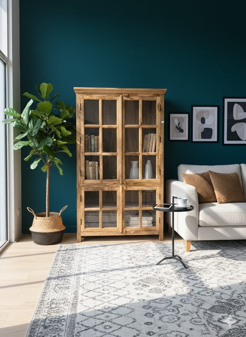 Solid Wood Glass Display Cabinet with Open Shelving - Image 4