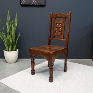 Handcrafted Solid Wood Accent Chair with Brass Stud Inlays