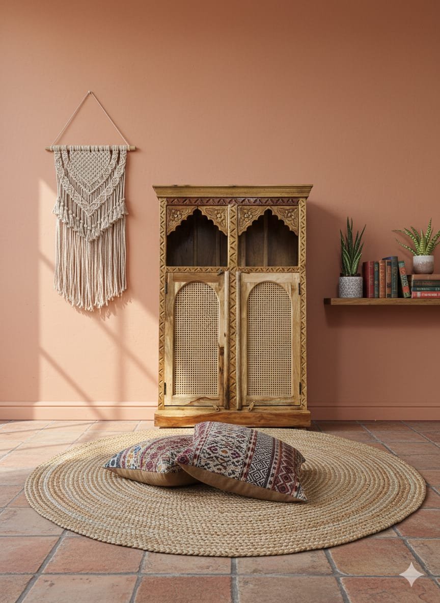 Handcrafted Teak & Rattan Arched Cabinet - Image 2