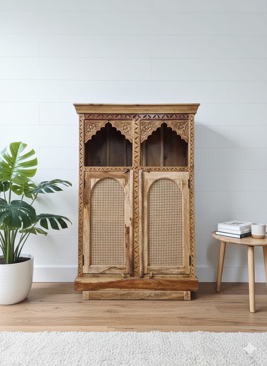 Handcrafted Teak & Rattan Arched Cabinet