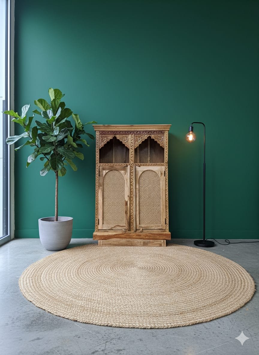 Handcrafted Teak & Rattan Arched Cabinet - Image 4