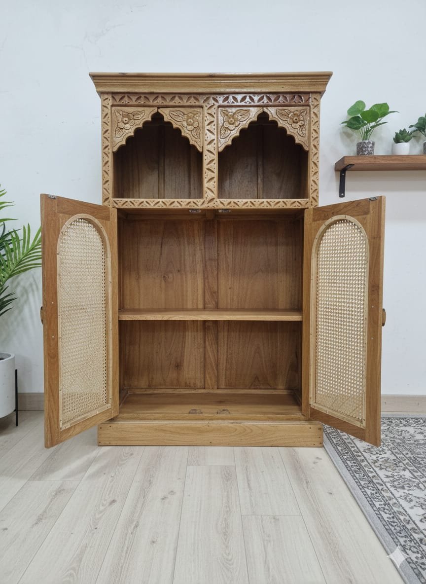 Handcrafted Teak & Rattan Arched Cabinet - Image 6