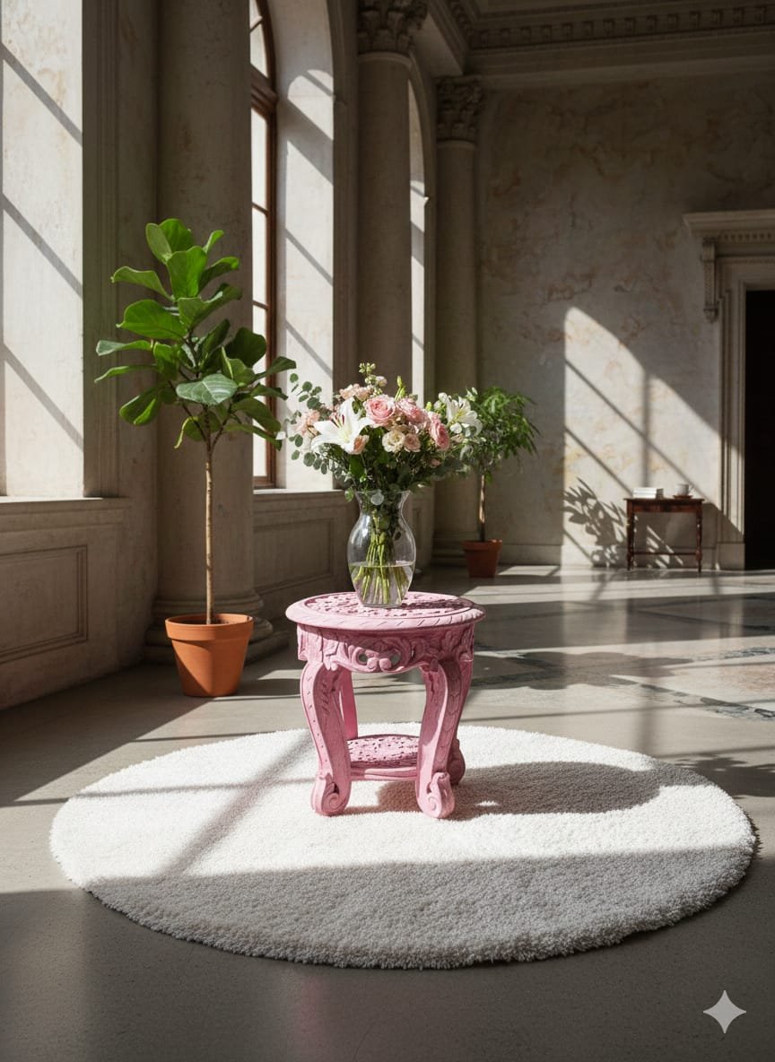 Intricately Carved Pink Pedestal Table - Image 3