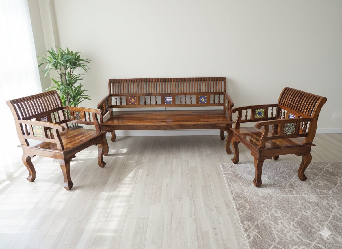 Handcrafted 3+1+1 Sheesham Wood Sofa Set