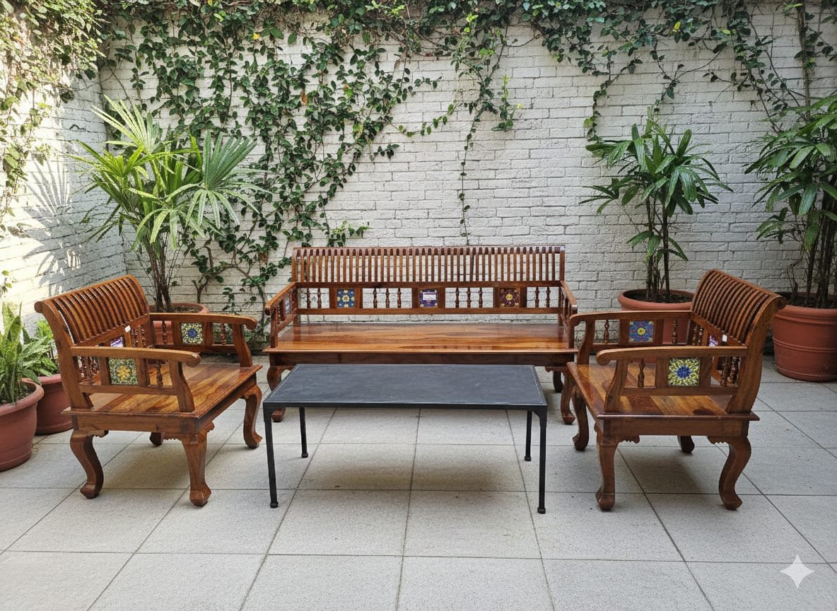 Handcrafted 3+1+1 Sheesham Wood Sofa Set - Image 3