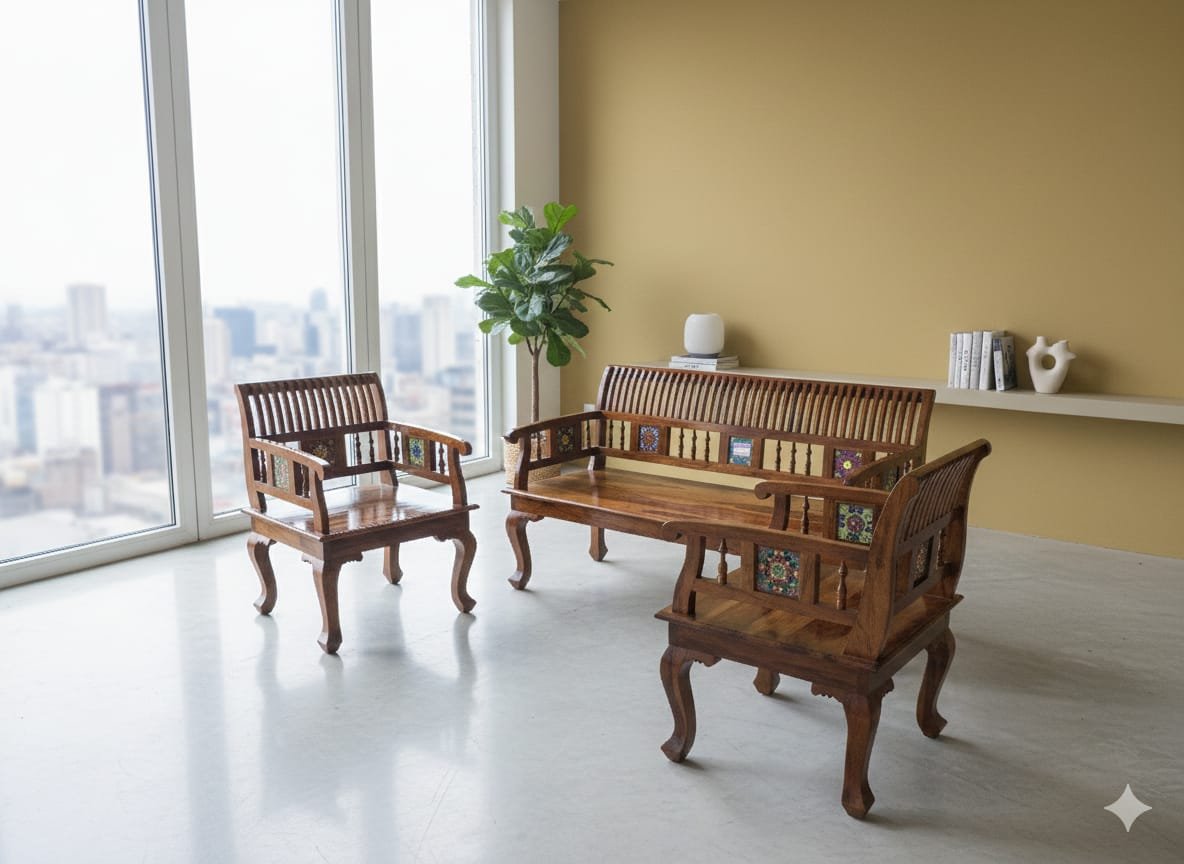 Handcrafted 3+1+1 Sheesham Wood Sofa Set - Image 4