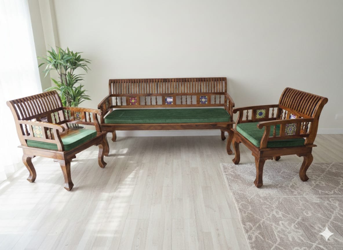 Handcrafted 3+1+1 Sheesham Wood Sofa Set - Image 7