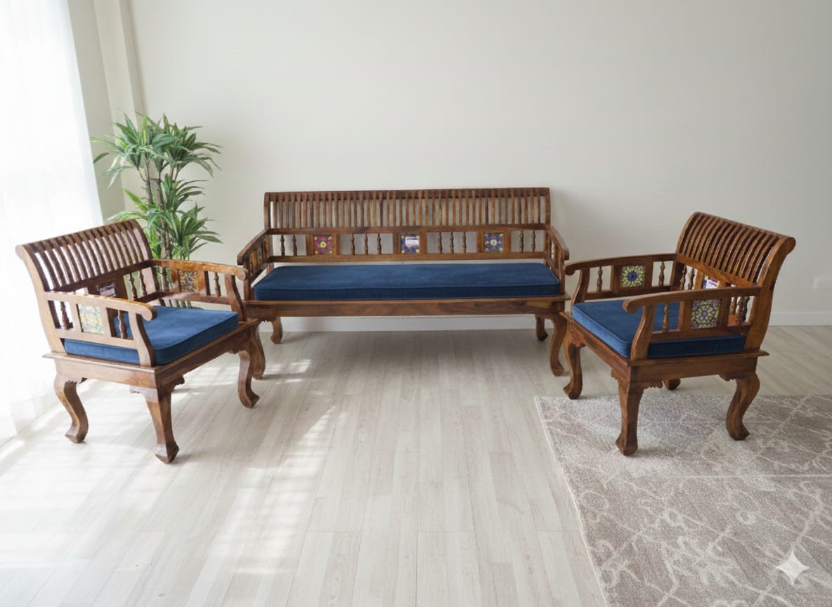 Handcrafted 3+1+1 Sheesham Wood Sofa Set - Image 5