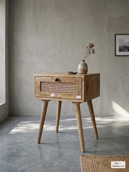 Mango Wood Bedside Table with Rattan Inlay