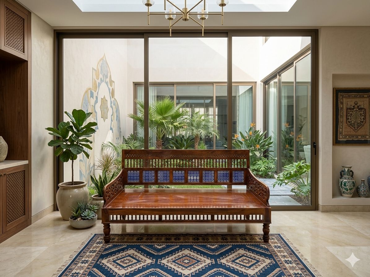 Sheesham Wood Daybed with Blue Ceramic Tiles