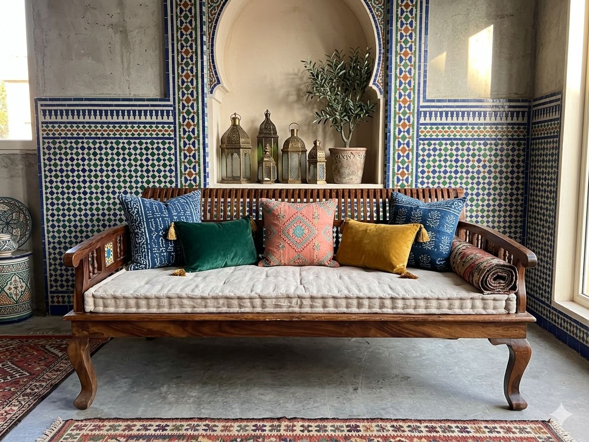 Sheesham Wood Daybed with Hand-Painted Ceramic Tiles - Image 3