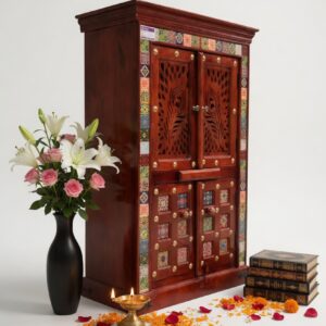 Sheesham Wood Home Temple with Peacock Jali & Ceramic Tiles