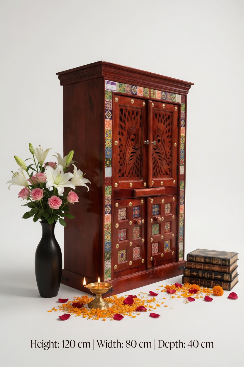 Sheesham Wood Home Temple with Peacock Jali & Ceramic Tiles