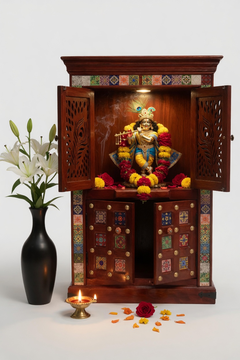 Sheesham Wood Home Temple with Peacock Jali & Ceramic Tiles - Image 6