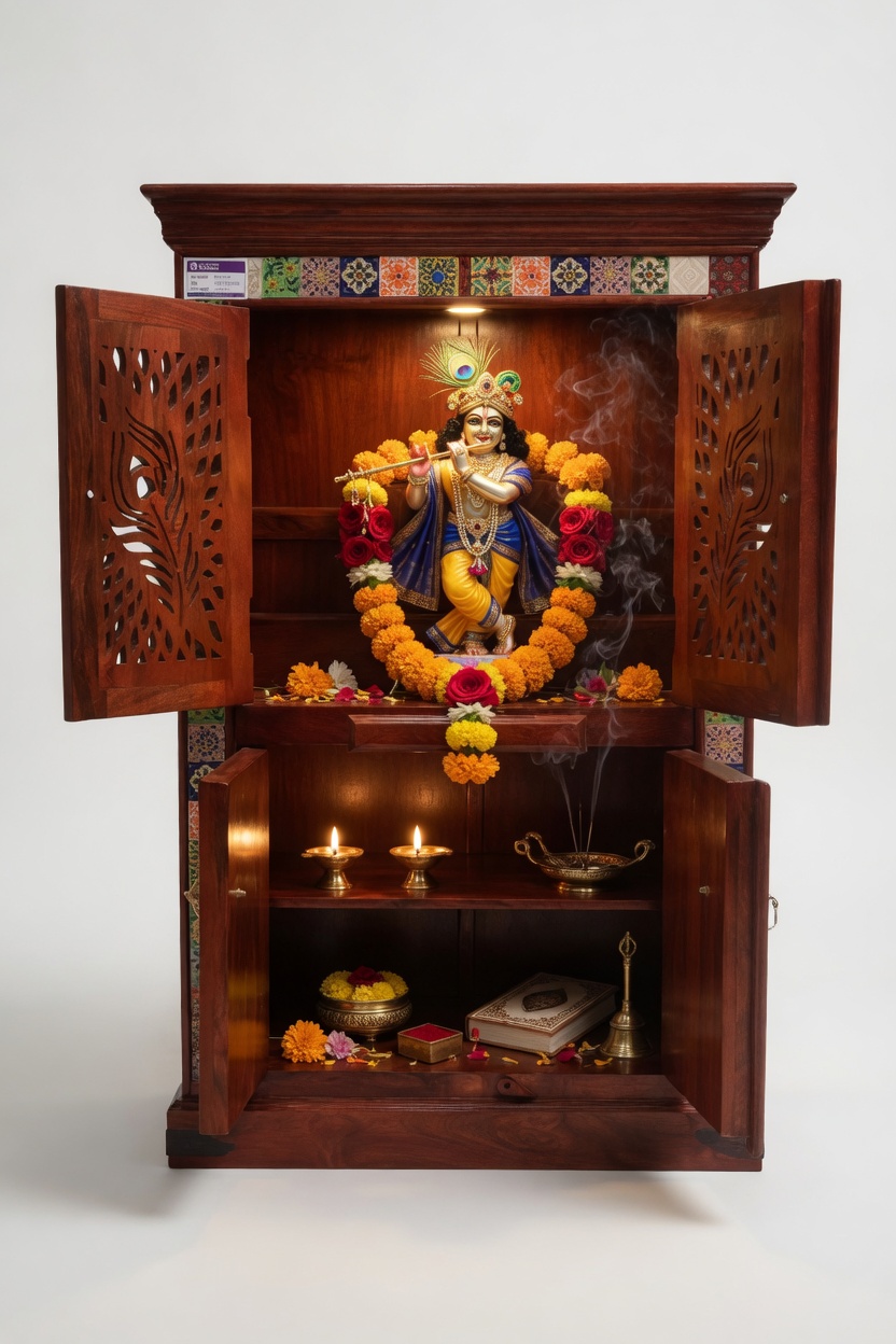 Sheesham Wood Home Temple with Peacock Jali & Ceramic Tiles - Image 7