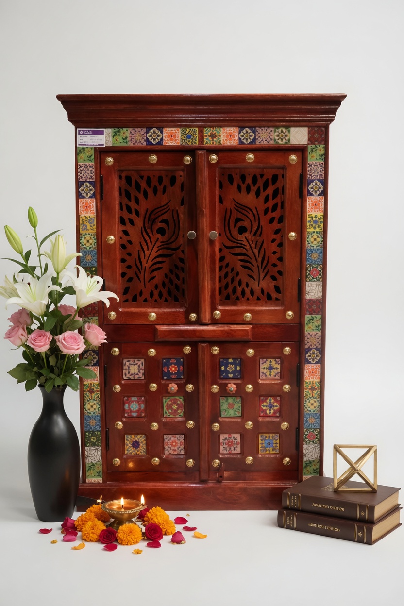 Sheesham Wood Home Temple with Peacock Jali & Ceramic Tiles - Image 5
