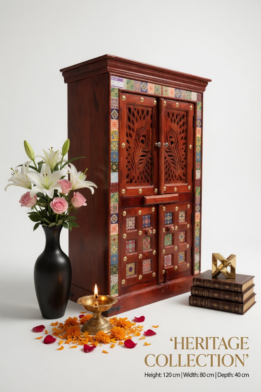 Sheesham Wood Home Temple with Peacock Jali & Ceramic Tiles - Image 2