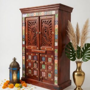 Sheesham Wood Home Temple with Peacock Jali & Ceramic Tiles