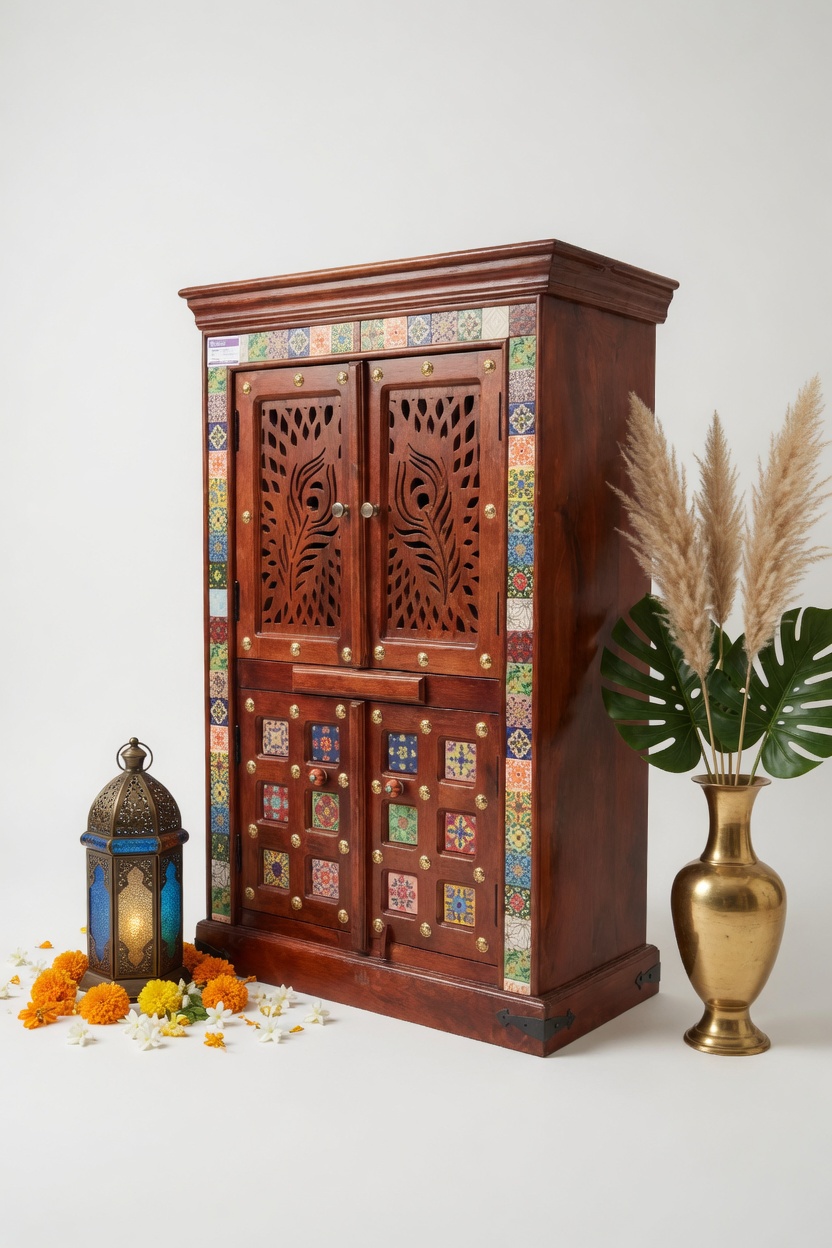 Sheesham Wood Home Temple with Peacock Jali & Ceramic Tiles