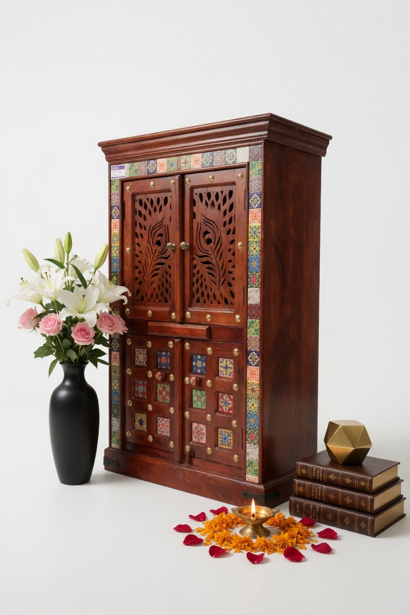 Sheesham Wood Home Temple with Peacock Jali & Ceramic Tiles - Image 3