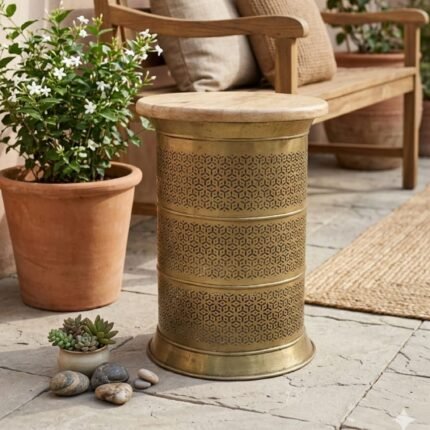 Brass Lattice Flower Stand With Mango Wood Top