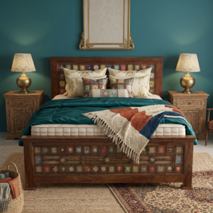 Handcrafted Bed with Multi-Color Ceramic Tile Inlays
