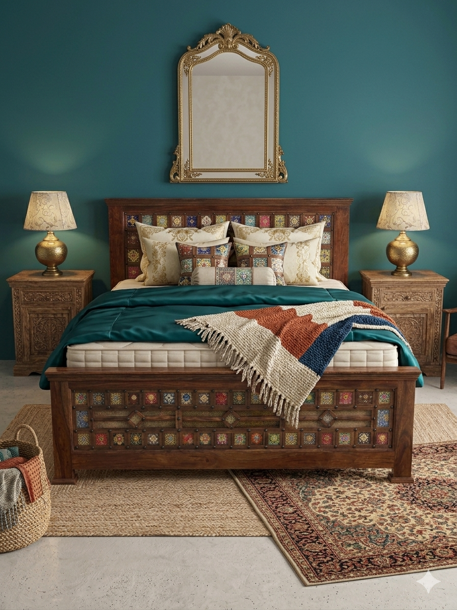 Handcrafted Bed with Multi-Color Ceramic Tile Inlays