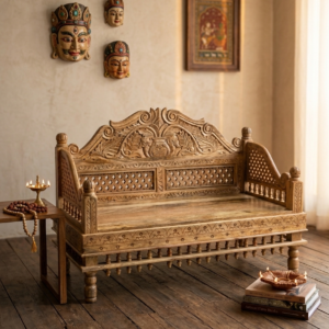 Antique-Style Hand-Carved Mango Wood 2-Seater Sofa