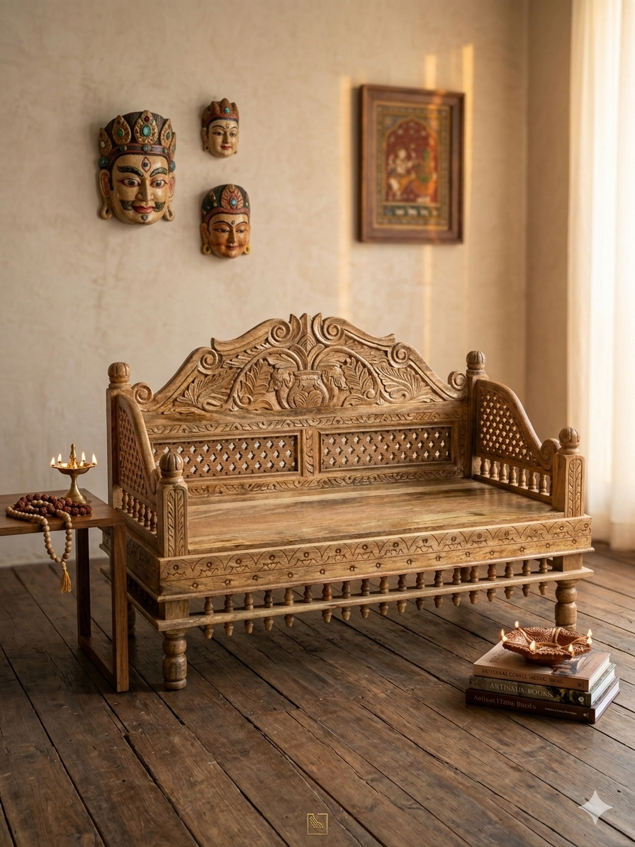 Antique-Style Hand-Carved Mango Wood 2-Seater Sofa