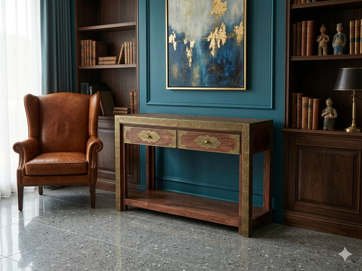 Antique Brass Embossed Solid Wood Console Table - Image 2