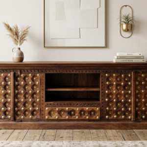 Hand-Carved Artisan TV Unit with Brass Detailing