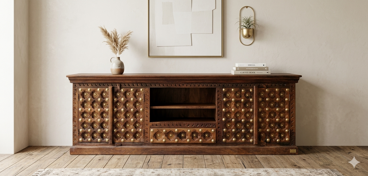 Hand-Carved Artisan TV Unit with Brass Detailing